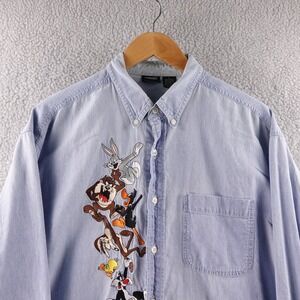 Vintage Warner Bros Looney Tunes Embroidered Blue Denim Button Up‎ Shirt Men L